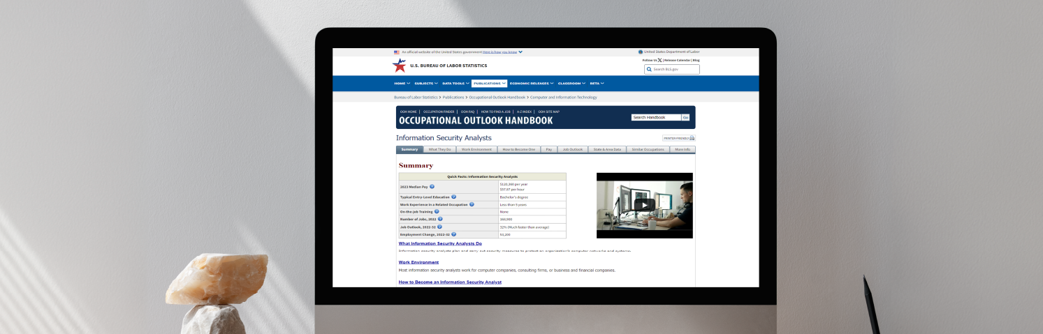 Computer Screen Displaying Job Statistics For Information Security Analysts From U.s. Bureau Of Labor Statistics